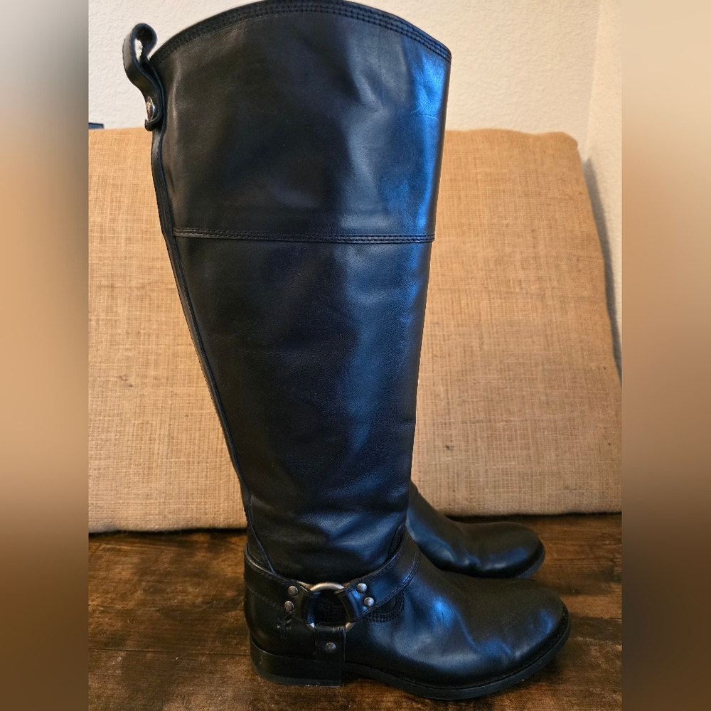 Frye Women's Melissa Harness Extended Calf Black Leather Tall Boots 6.5